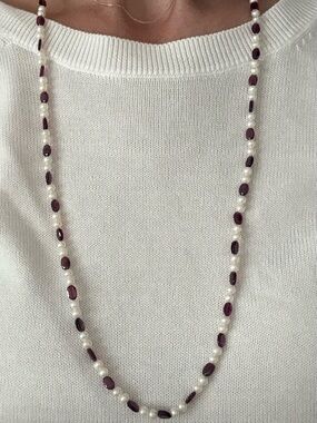 Delicate garnet and fresh water pearl necklace with matching garnet bracelet